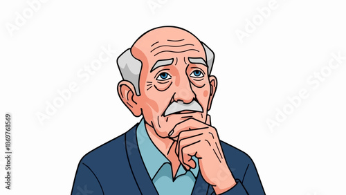 Thoughtful elderly man with blue eyes and gray hair, wearing a suit, pondering deeply