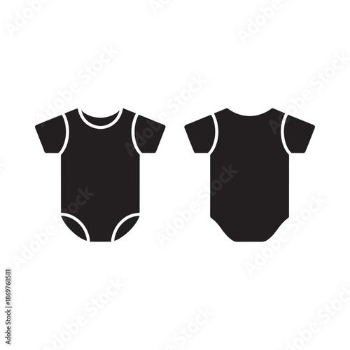 Black and white illustration of two baby bodysuit outlines front and back view