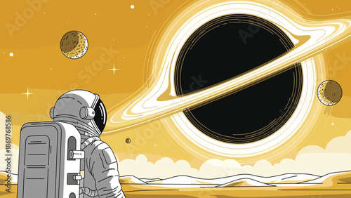 Astronaut standing on the surface of a desolate planet looking at a massive black hole with a glowing accretion disk in space.