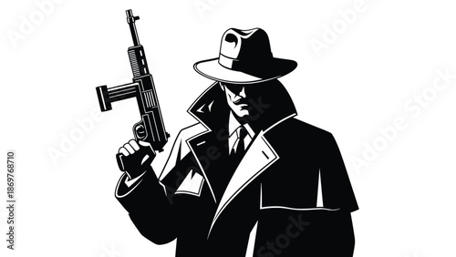 Dramatic black and white silhouette of a man in a fedora hat holding up a gun in a mysterious and moody cinematic pose.