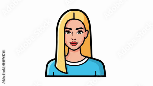 Stylized portrait of a blonde woman with striking eyes and a blue top