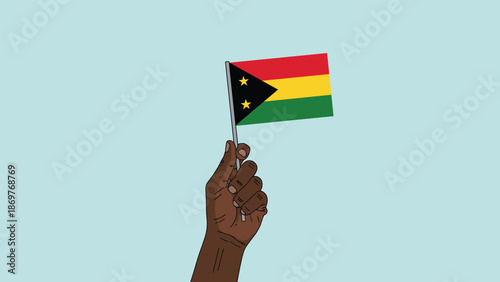 Dark skinned hand holds small national flag of Vanuatu against light blue background representing national pride and identity.