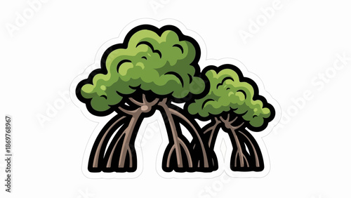 Stylized illustration of two mangrove trees with thick, exposed roots