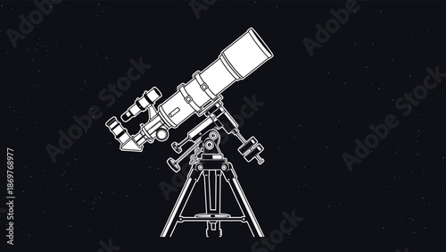 Detailed white line drawing of a professional telescope on a tripod set against a dark night sky filled with many stars.