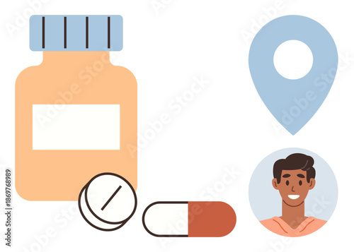 Healthcare access, medication delivery, online pharmacy, telemedicine, health technology, patient support. Medicine bottle, pills profile avatar location pin. Healthcare access and medication