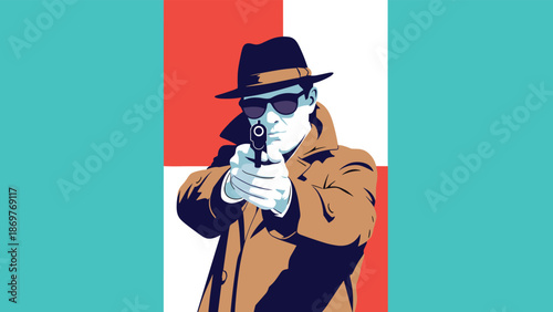 Secret agent wearing fedora hat and sunglasses aims handgun directly at viewer against stylized blue and red background pattern.