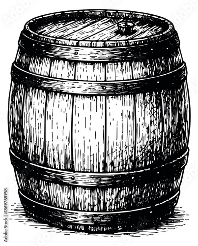 Hand drawn line art illustration of a wooden barrel depicting a vintage cask for alcoholic beverages