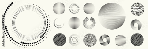 Linear, circular halftone dots circles set, dotted ring and spiral circle shapes for modern design, technology, or motion graphic backgrounds. Dotted round elements, radial spirals, and vortex.
