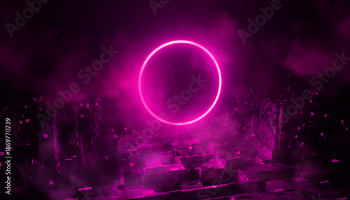 Abstract background, cosmic landscape, round portal, neon light, virtual reality, energy source, glowing round frame, dark space, ultraviolet spectrum, laser ring, rocks, ground
