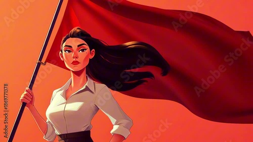 Animated woman with flowing hair confidently holds a red flag against a vibrant orange background, showcasing determination and strength in a visually striking composition
