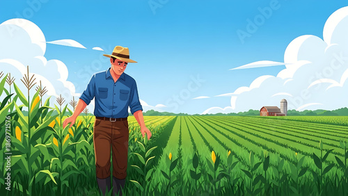 Farmer inspecting corn crop in a vast agricultural field under a clear blue sky with fluffy white clouds