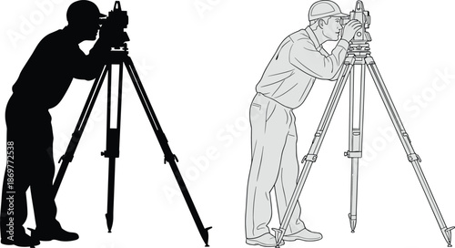 Land surveyor engineer using professional total station equipment on tripod for construction site measurement and topographical mapping silhouette and outline