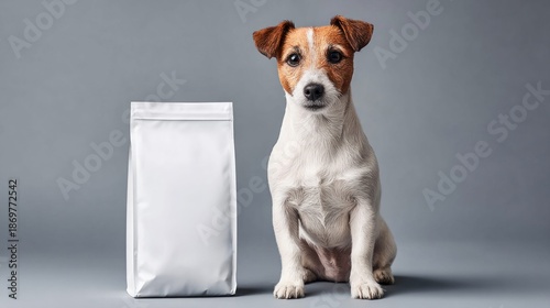 Adorable Jack Russell Terrier Posing Beside a Blank White Pet Food Bag