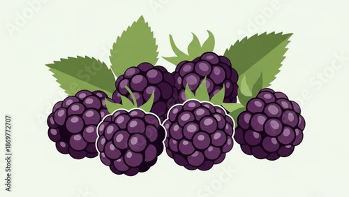 Delicious purple blackberries with green leaves on white background