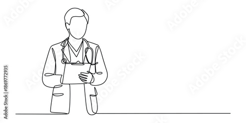 Continuous line drawing of a doctor with a stethoscope and clipboard, representing healthcare