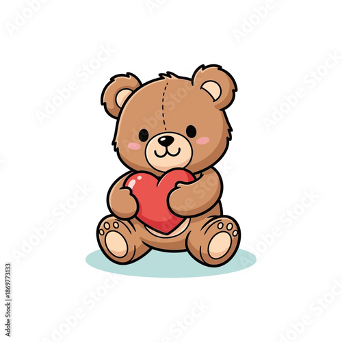 A cute cartoon teddy bear holding a red heart, with rosy cheeks and a sweet expression.