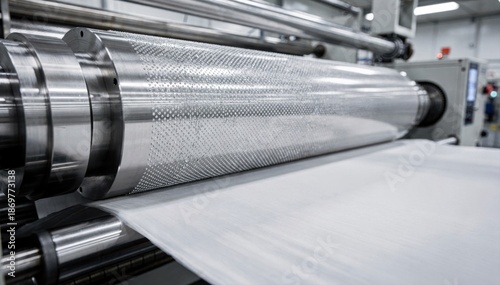 Medium shot of gravure roll coating with engraved microdots precisely applying patterned coating onto smooth moving fabric in a hightech industrial setting.