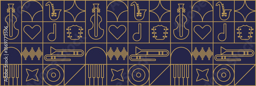 Festival poster with music mosaic pattern and abstract geometric.