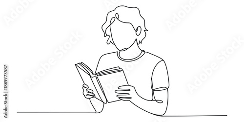 Single continuous line art portraying a person peacefully reading a book, emphasizing focus and study