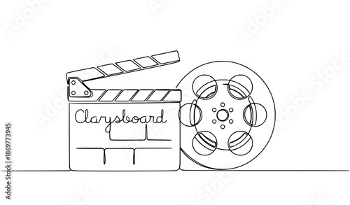 Retro Movie Clapperboard and Film Reel Continuous One Line Vector