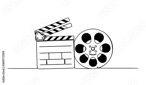 Classic Cinema Clapperboard and Film Reel Continuous Line Icon