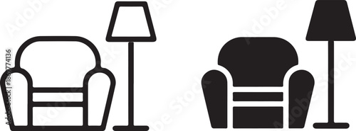 Minimalist black and white icons depicting furniture two chairs and two lamps are shown