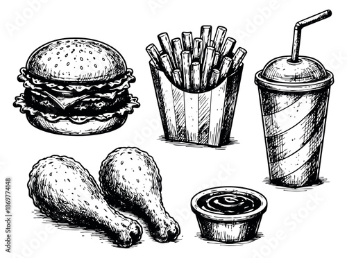 Hand drawn line art fast food set featuring a hamburger, french fries, soda, fried chicken legs, and dipping sauce for restaurant menus