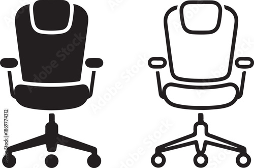 Two minimalist office chair icons one solid black and one outlined displayed side by side
