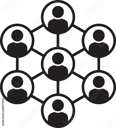 A black and white network illustration depicting interconnected people represented by circular icons