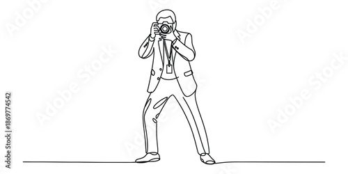 One line drawing of a photographer in a suit taking a picture