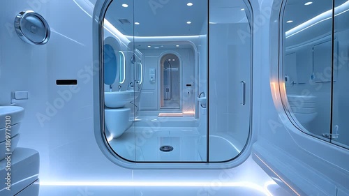 Static shot of a futuristic white and blue bathroom interior with soft lighting.