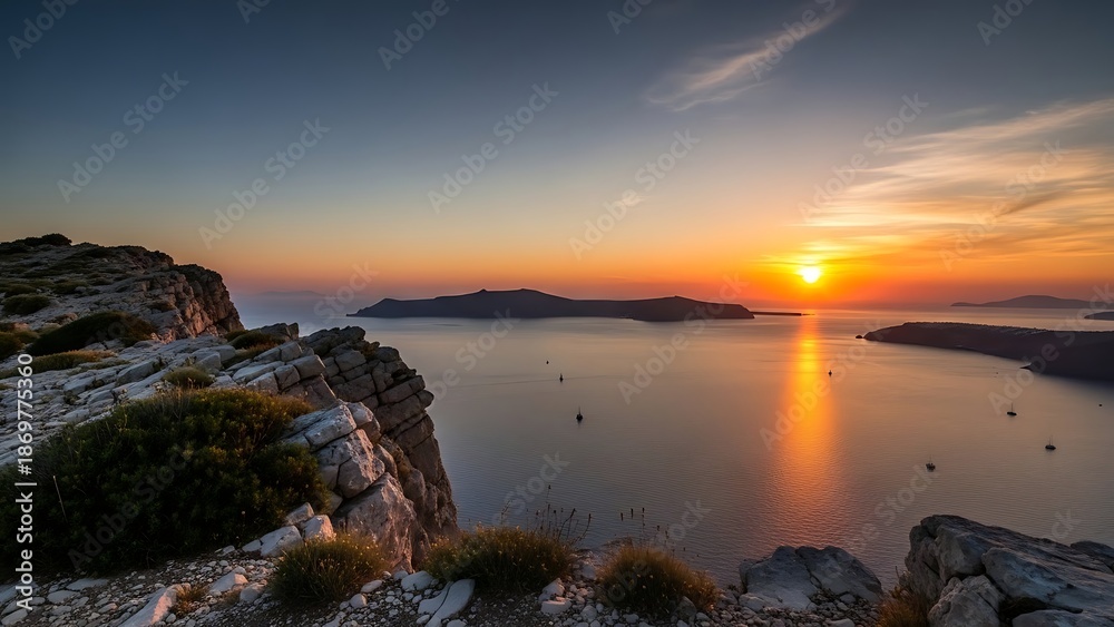 Fototapeta premium Dramatic Coastal Sunset with Rocky Cliff and Golden Reflection on Calm Ocean Water