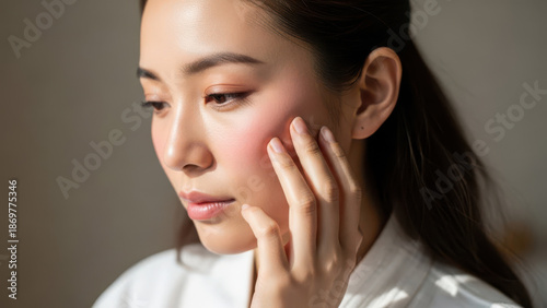 asian woman with hand on cheek and red skin transparent background