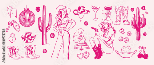 Cowgirl Disco Pink Collection, Hand Drawn Doodle Set with Western and Vegas Party Elements, Cowboy Hat, Boots, Cherry, Cactus, Dice and Disco Ball for Bachelorette Party