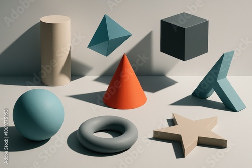 Various geometric shapes arranged in a flat layout showcasing different colors and textures