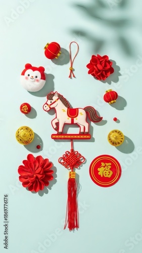 Chinese New Year Hanging Ornament with Horse Zodiac, Red Flowers and Lanterns on Light Blue Background