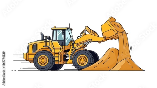 Heavy duty yellow loader moving earth with large bucket