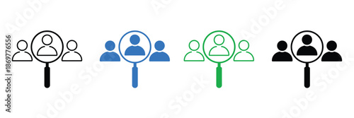 Employee recruitment and selection process icons with magnifying glasses