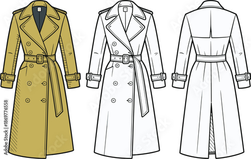 Cad drawing flat vector illustration of long trench coat front and back view, fashion technical sketch, outerwear design template, apparel outline