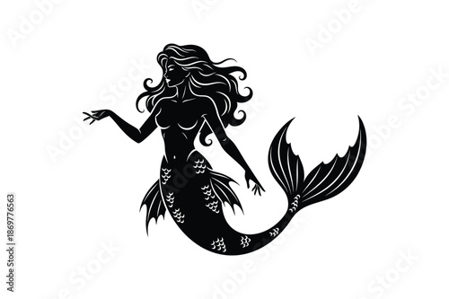 Silhouette of a mythical mermaid with long flowing hair and tail
