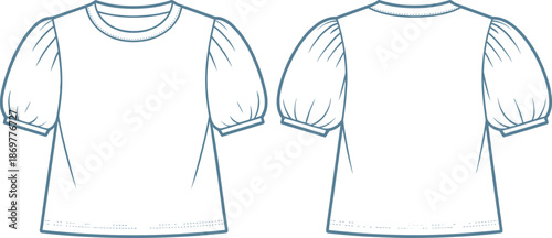 CAD drawing flat vector illustration of puff sleeve blouse with round neckline, front and back view, minimalist clean fashion design