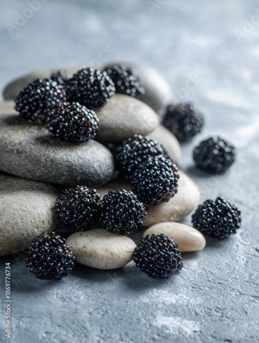 Close-up of ripe blackberries and stones