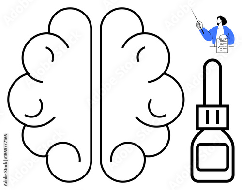 Brain outline symbolizing innovation, teacher explaining with a pointer, and bottle object. Ideal for education, knowledge sharing, creativity, coaching, brainstorming, invention and learning