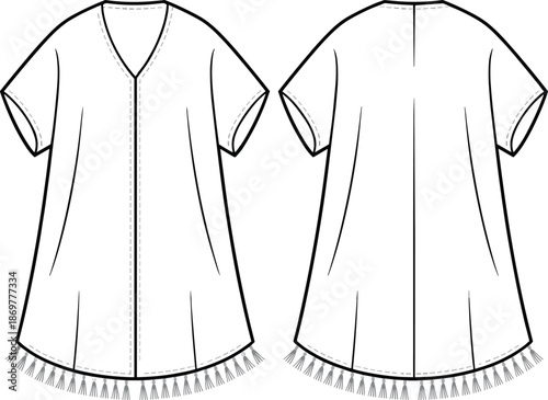 CAD drawing flat vector illustration of short sleeve tunic dress with v-neckline, center seam detail, flared hem, tassel trim design