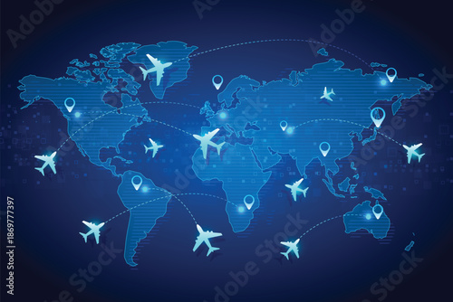 World map with glowing flight paths, airplane icons, and location markers. Represents global air travel, aviation logistics, and international connectivity in a digital tech style. vector illustration