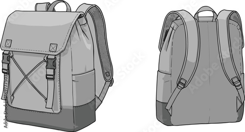CAD drawing flat vector illustration of stylish backpack design, front and back view layout, zipper pocket, adjustable straps, fashion accessory, school bag, travel gear mockup