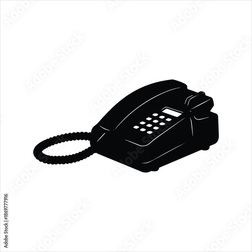 A simple black silhouette illustration of a vintage landline telephone on white