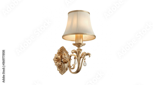 A beautiful gold antique style wall sconce featuring intricate carvings and a white fabric shade