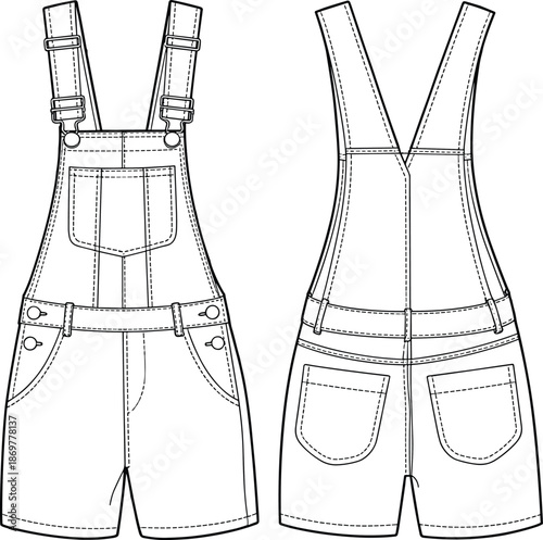 CAD drawing flat vector illustration of women’s denim short overalls, front and back technical sketch with detailed stitching lines