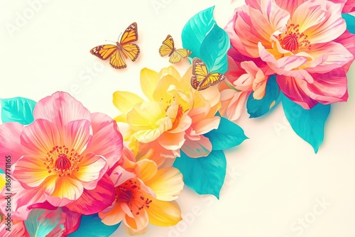 A colorful bouquet of flowers with butterflies and a white background